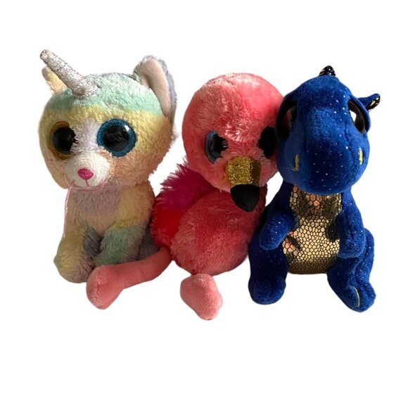 Ty Beanie Boo 3 piece Lot-Gilda Flamingo, A Caticorn, Saffire Dragon-GUC - Picture 1 of 6
